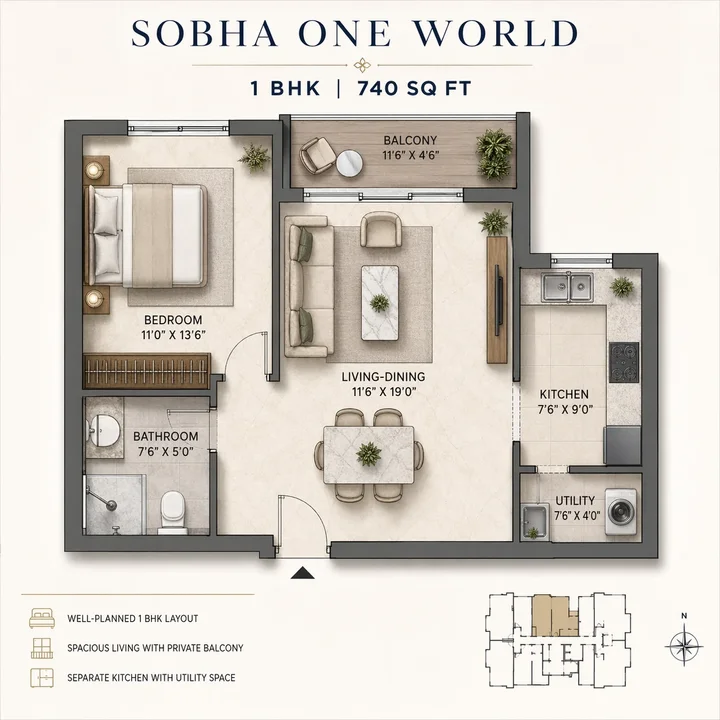 1 BHK 740 sq. ft. floor plan