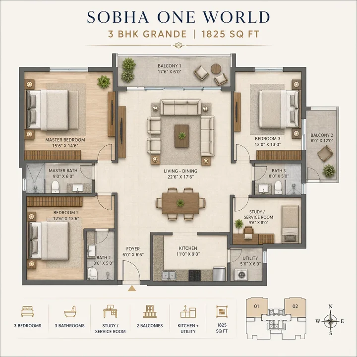 3 BHK Grande 1825 sq. ft. floor plan