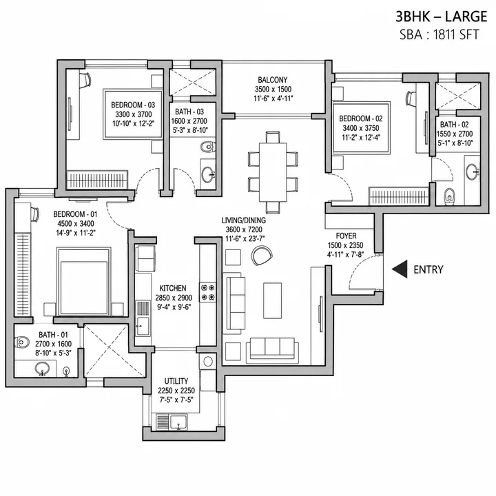3 BHK Grande 1838 sq.ft. floor plan