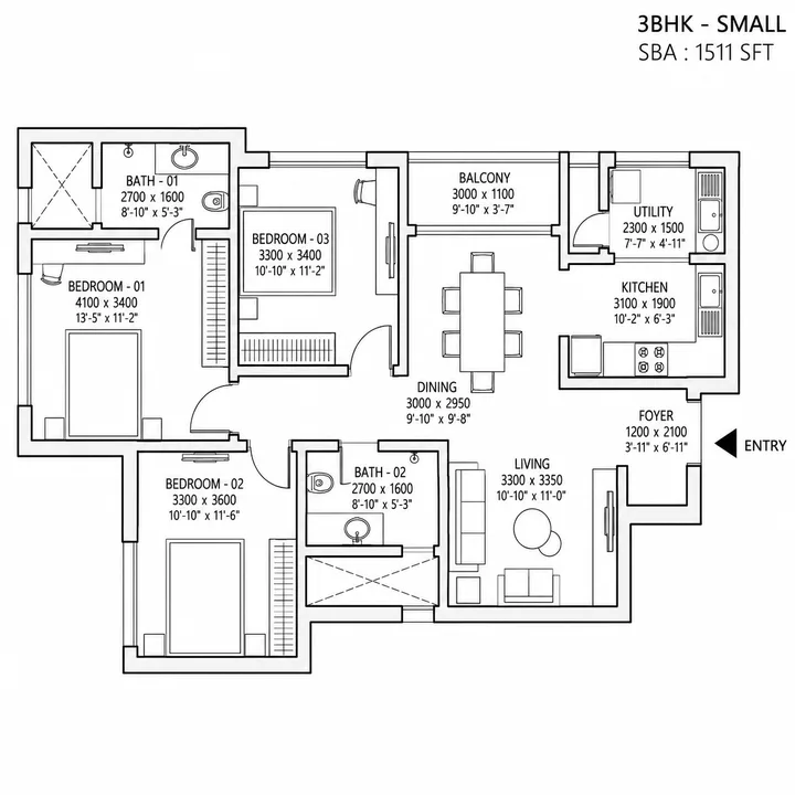 3 BHK Lux 1510 sq.ft. floor plan